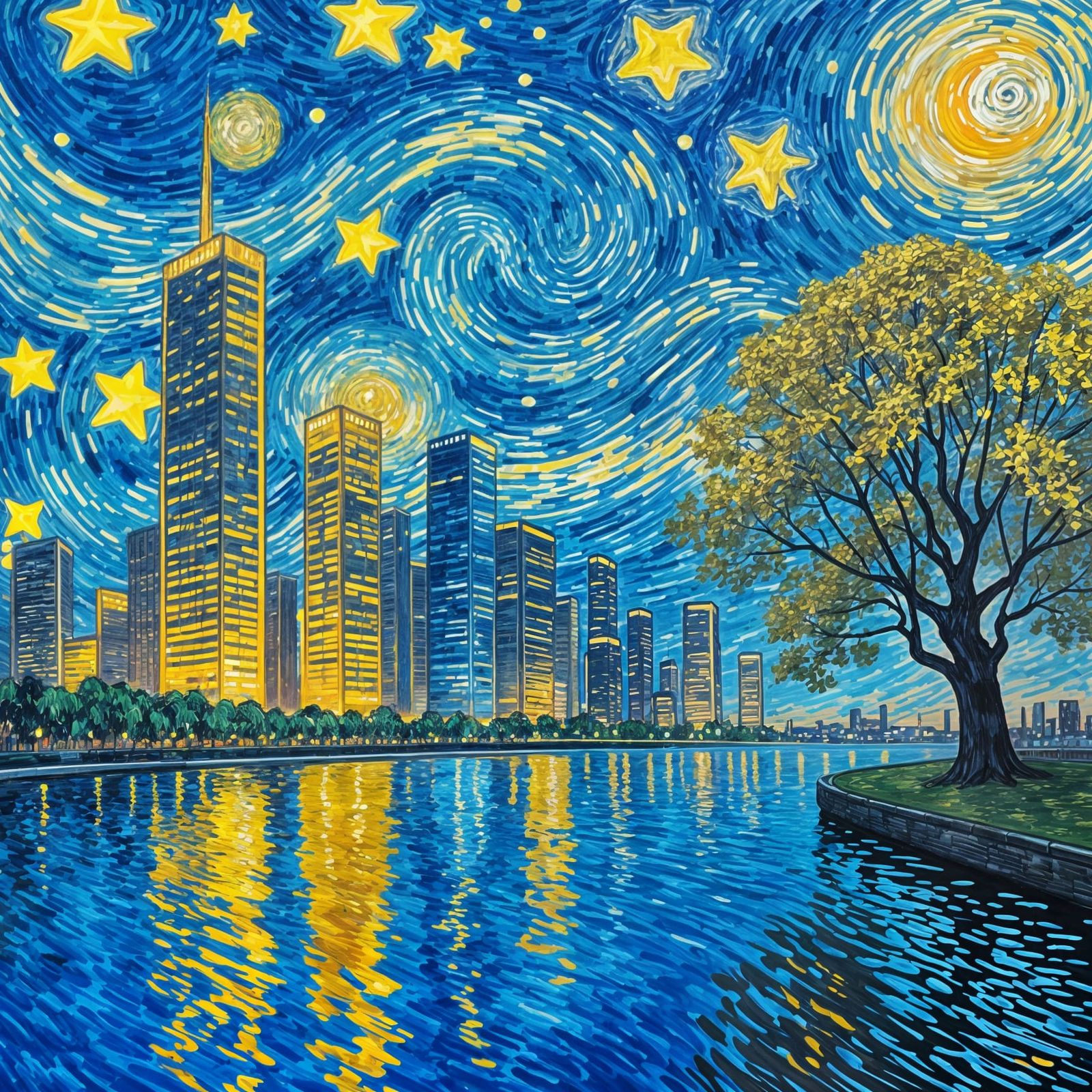 Cityscape at Night in Van Gogh Style