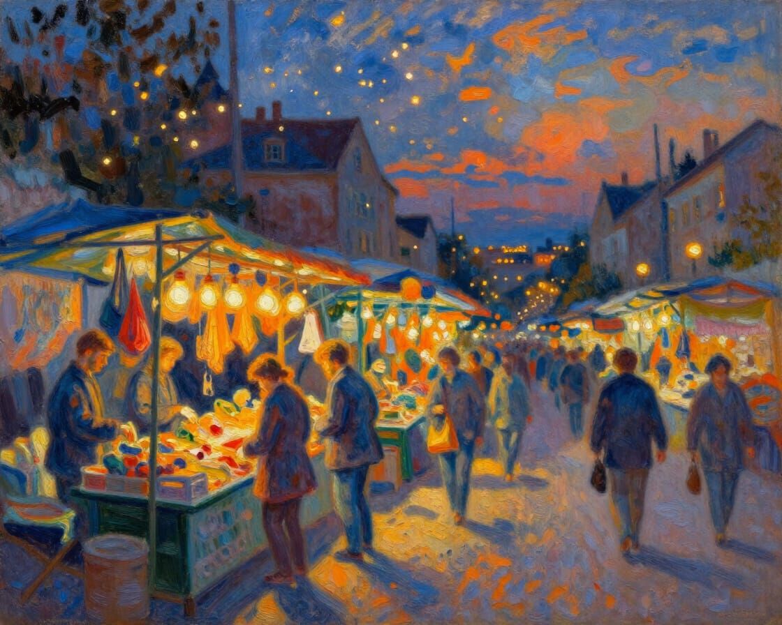 Twilight Market With Floating Lights In Oil Painting Style