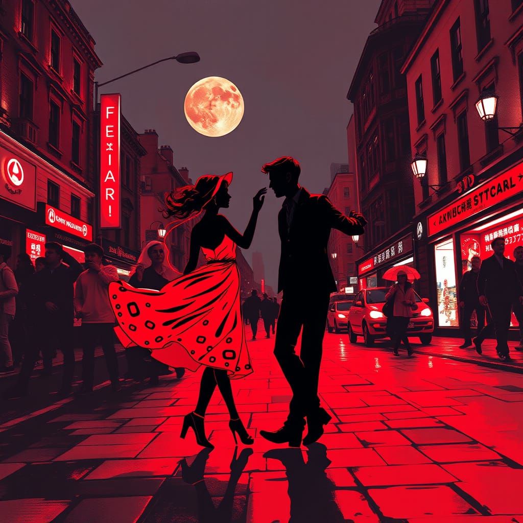 Man and Woman Dancing Under Moonlight on Busy Street