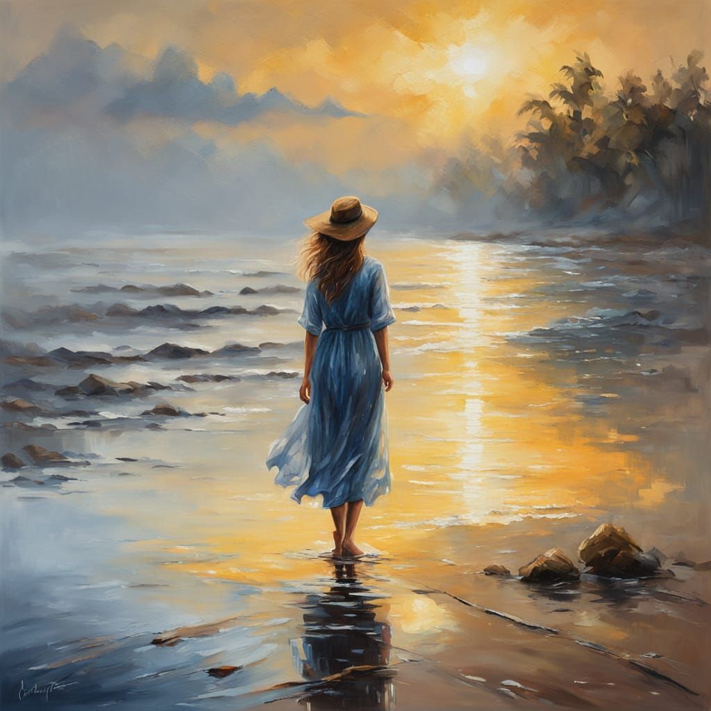 Woman on Shore in Realistic Oil Painting