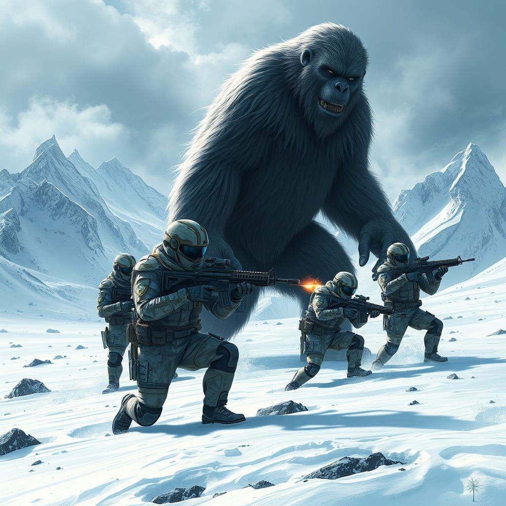 Realistic, soldiers in arctic camouflage gear and futuristic exosuits, armed with high-tech rifles, crouch and fire at a...