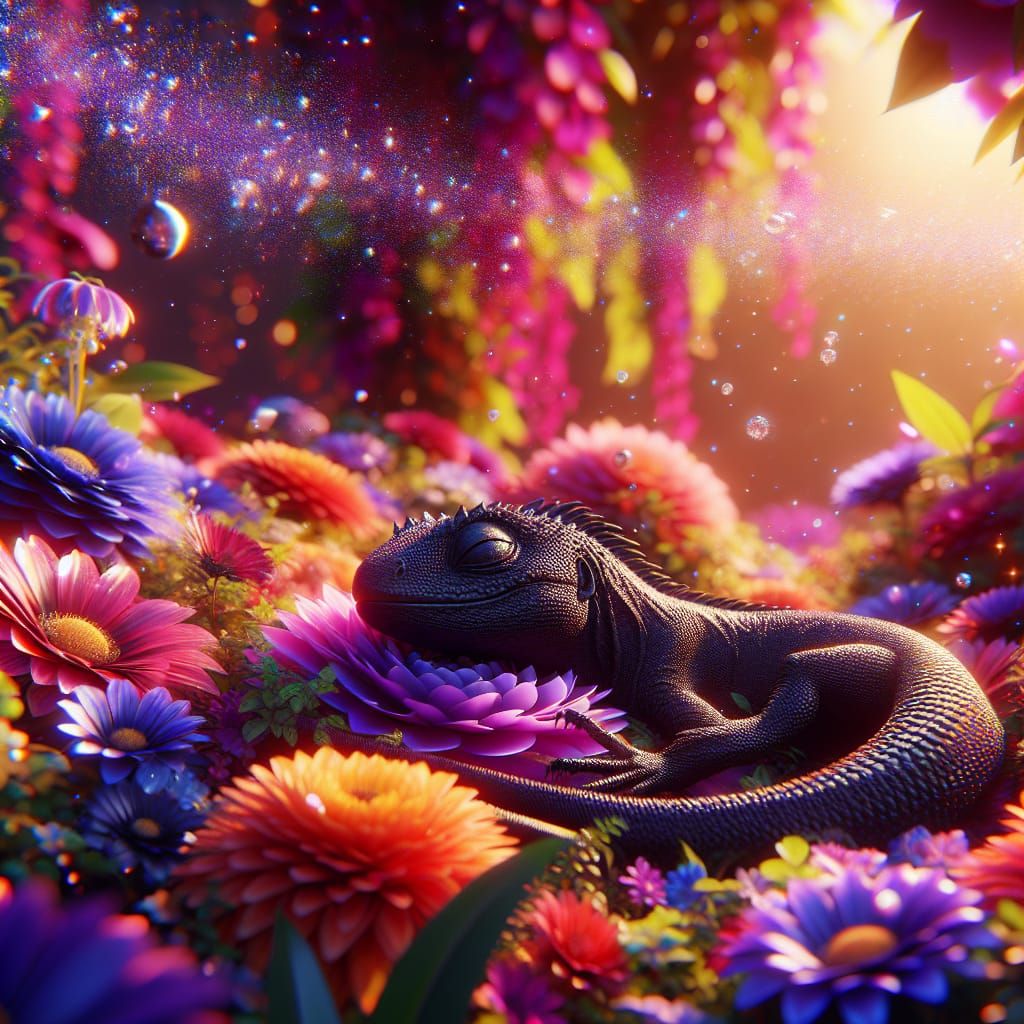 Sleeping Scaly Lizard in Floral Fantasy, Digital Art