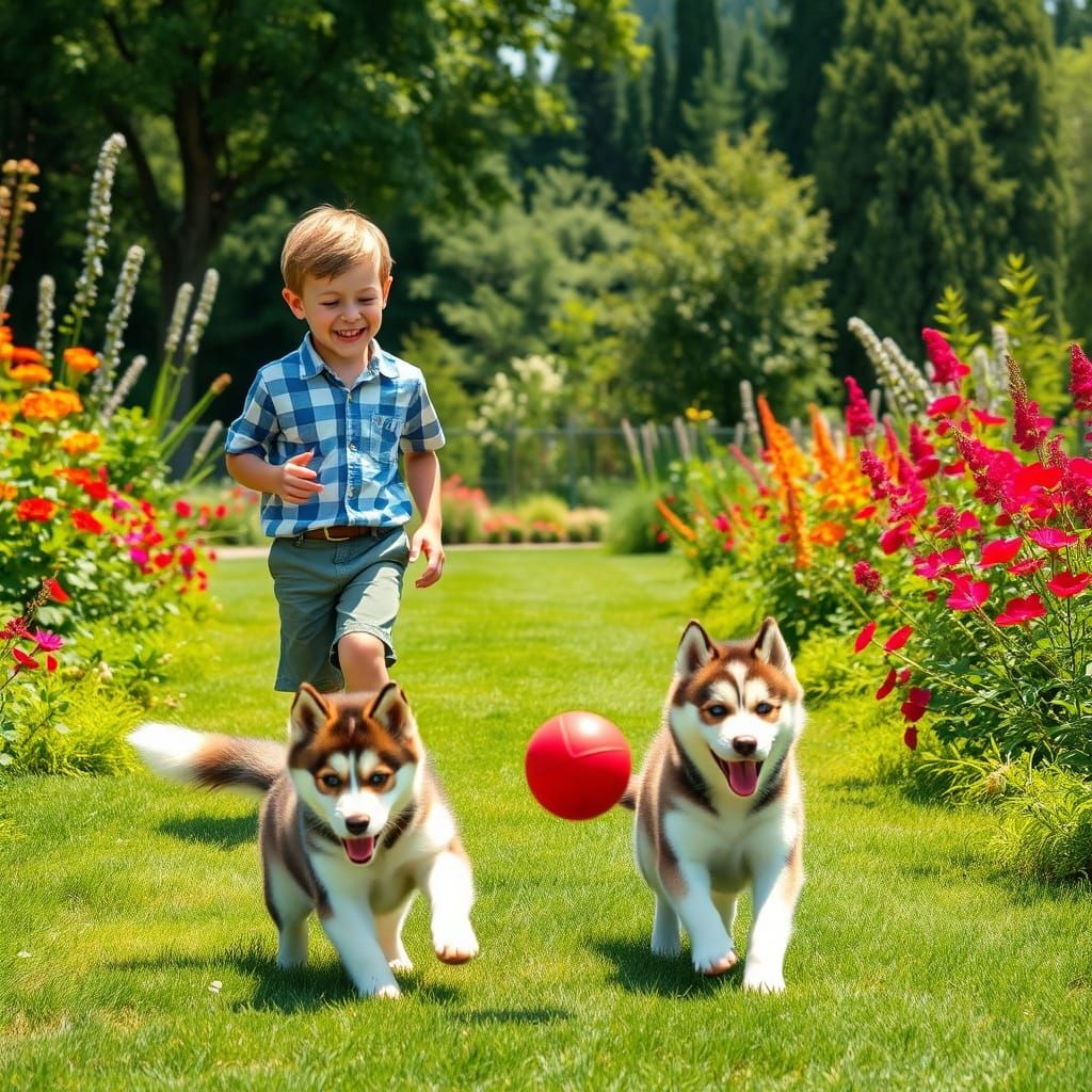 Boys Play with Husky Puppies in Idyllic Summer Garden