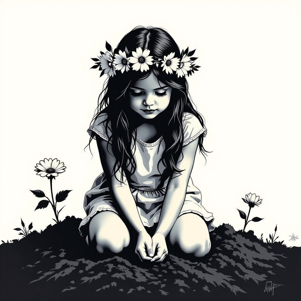 Banksy Style Girl with Flower Crown in Black and White