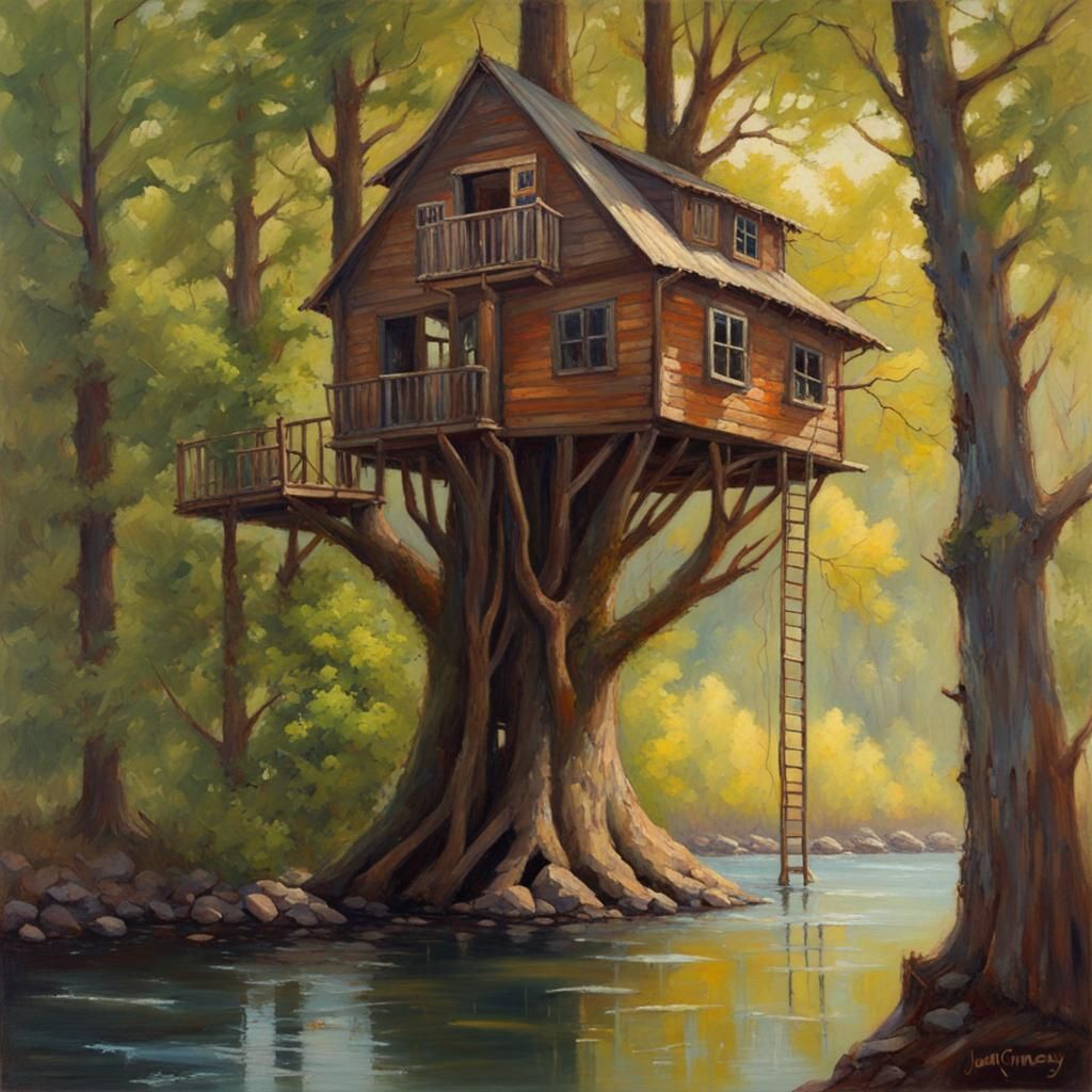 Enchanting Treehouse Oil Painting in Gurney Style