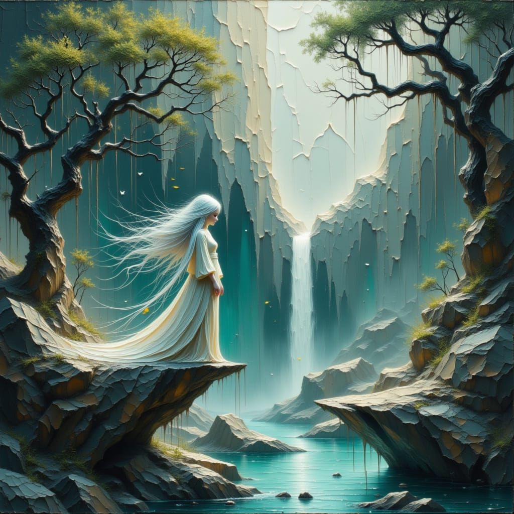 Elven Woman Overlooks Hidden Valley Waterfall