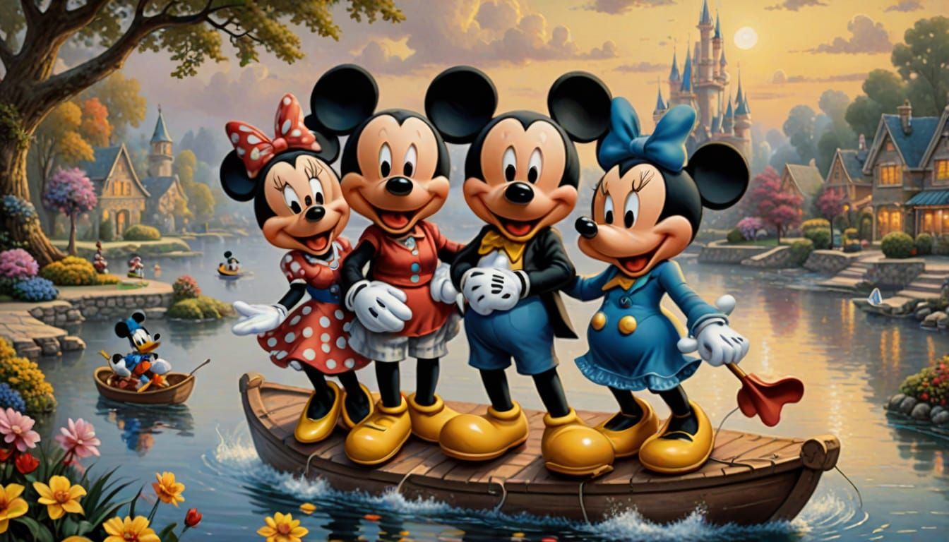 Mickey, Minnie, and Donald Duck in Thomas Kinkade Style