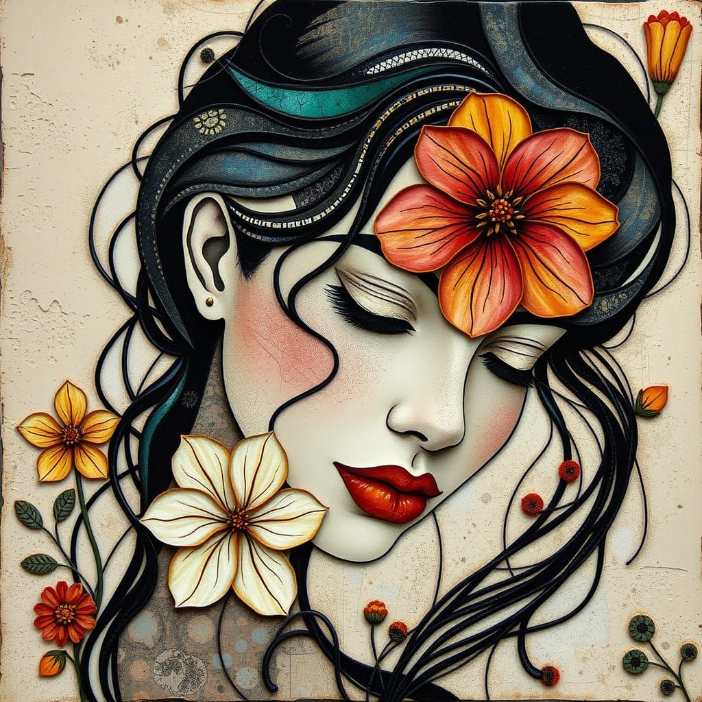 Encaustic Collage Portrait of a Beautiful Woman with Flowers
