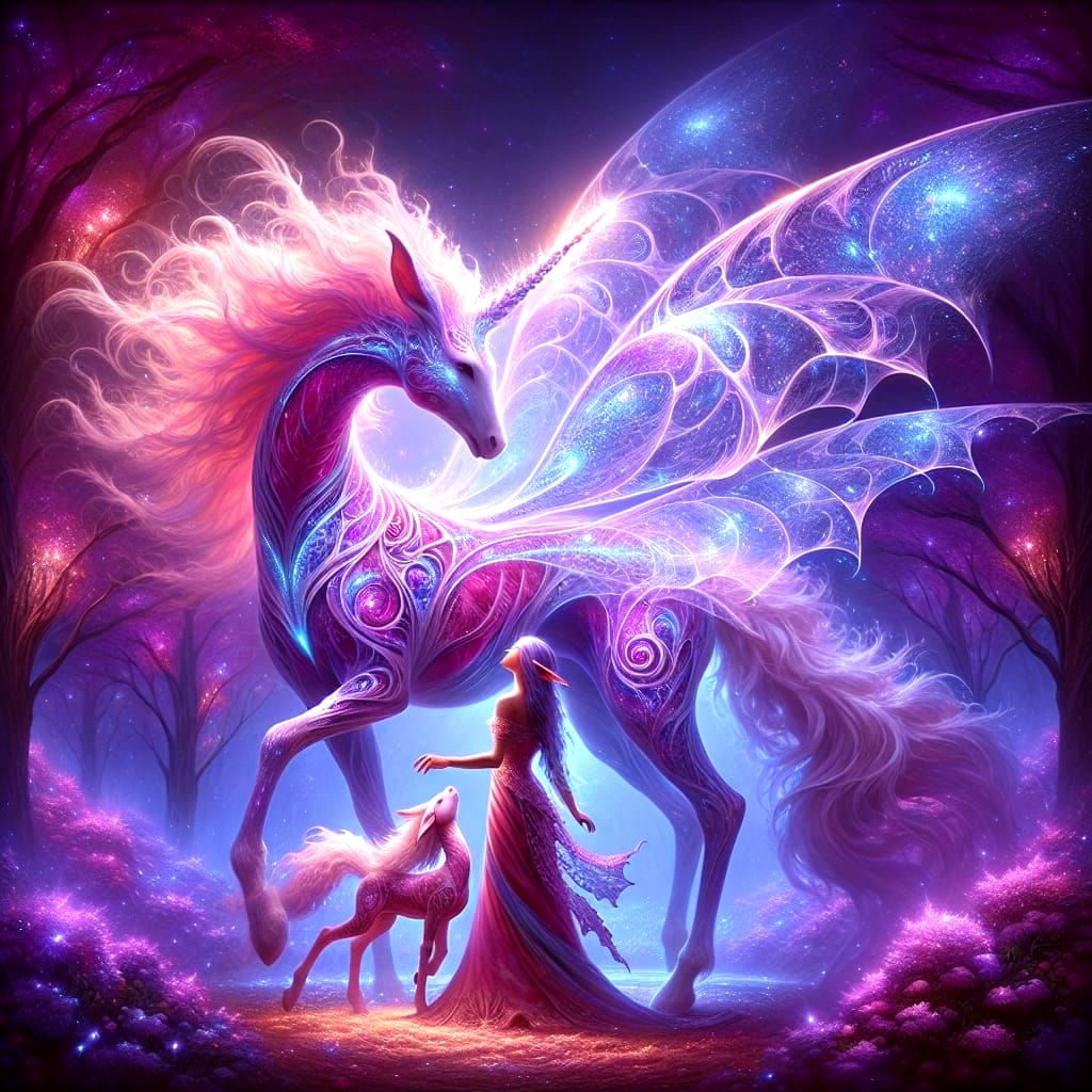 Elven Mother and Unicorn-Dragon in Magical Realism