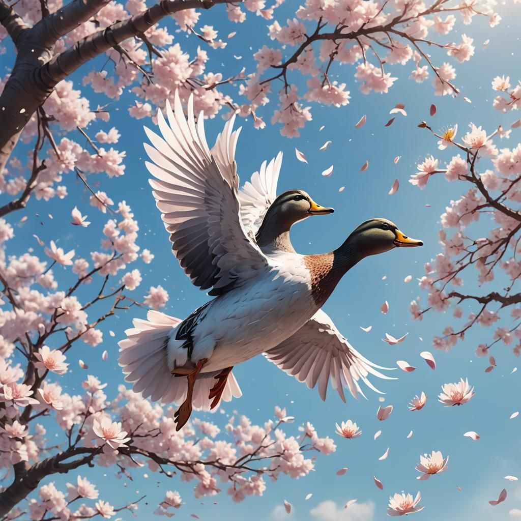 Duck in Cherry Blossom: Surreal Anime Art