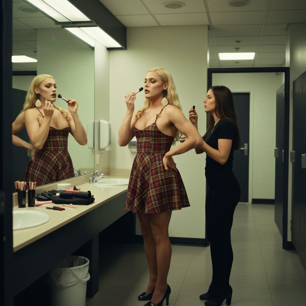 Crossdressing Young Man Applying Makeup in Office Restroom