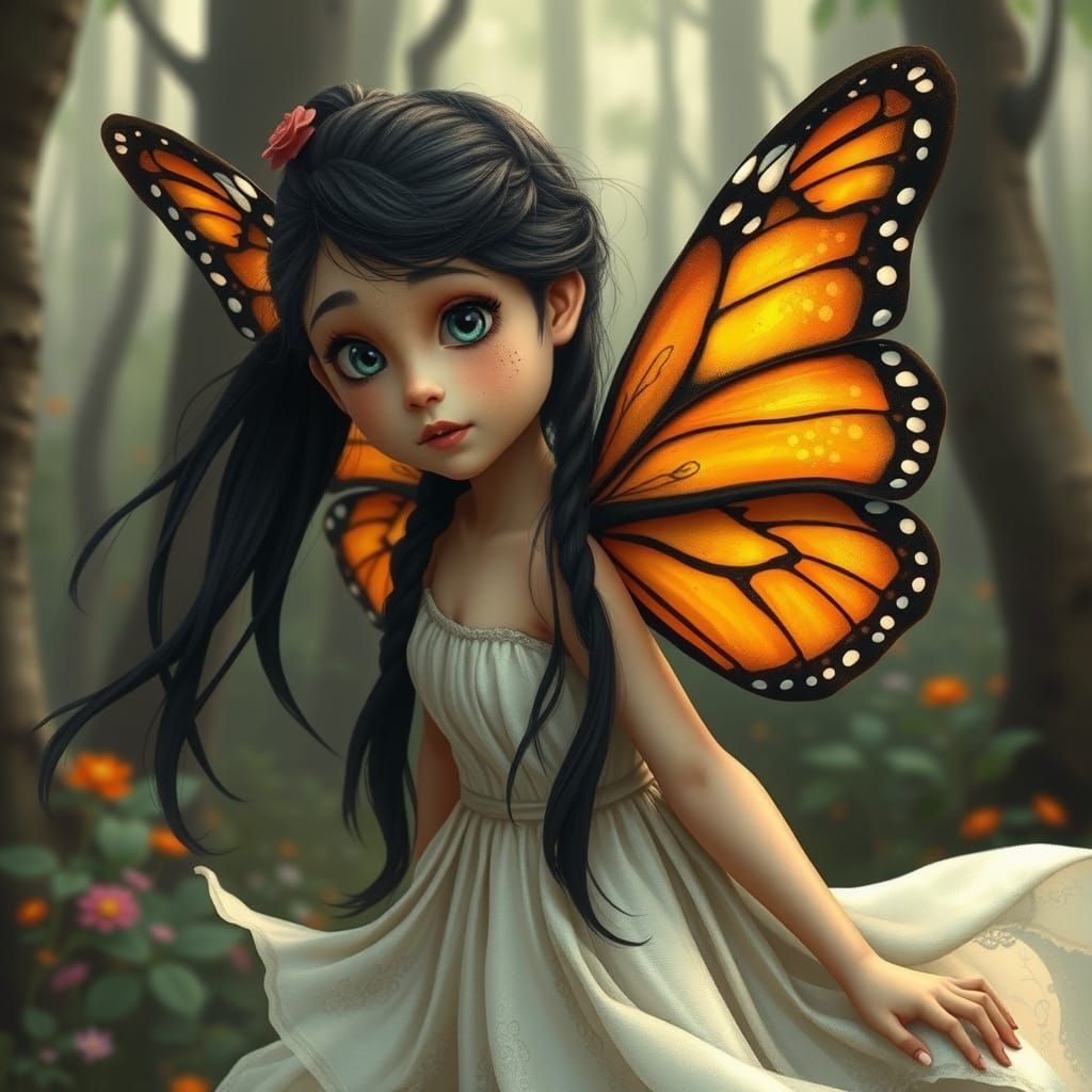 Freckled Teen Fairy with Butterfly Wings in Forest