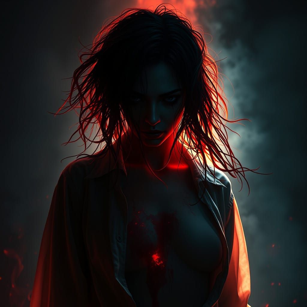 Cyberpunk Goddess of Darkness in Fiery Glow