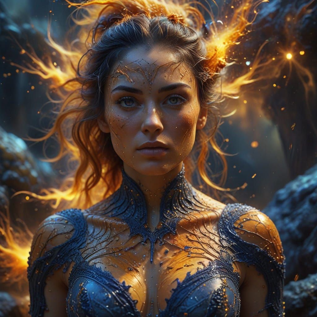 Woman in Saffron and Indigo Dreamscape, Digital Art