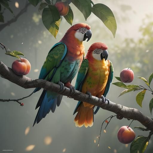 Parrots Feast on Peaches: Detailed Digital Portrait