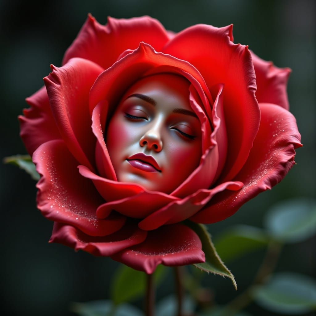 Red Rose Sculpture with Serene Female Face
