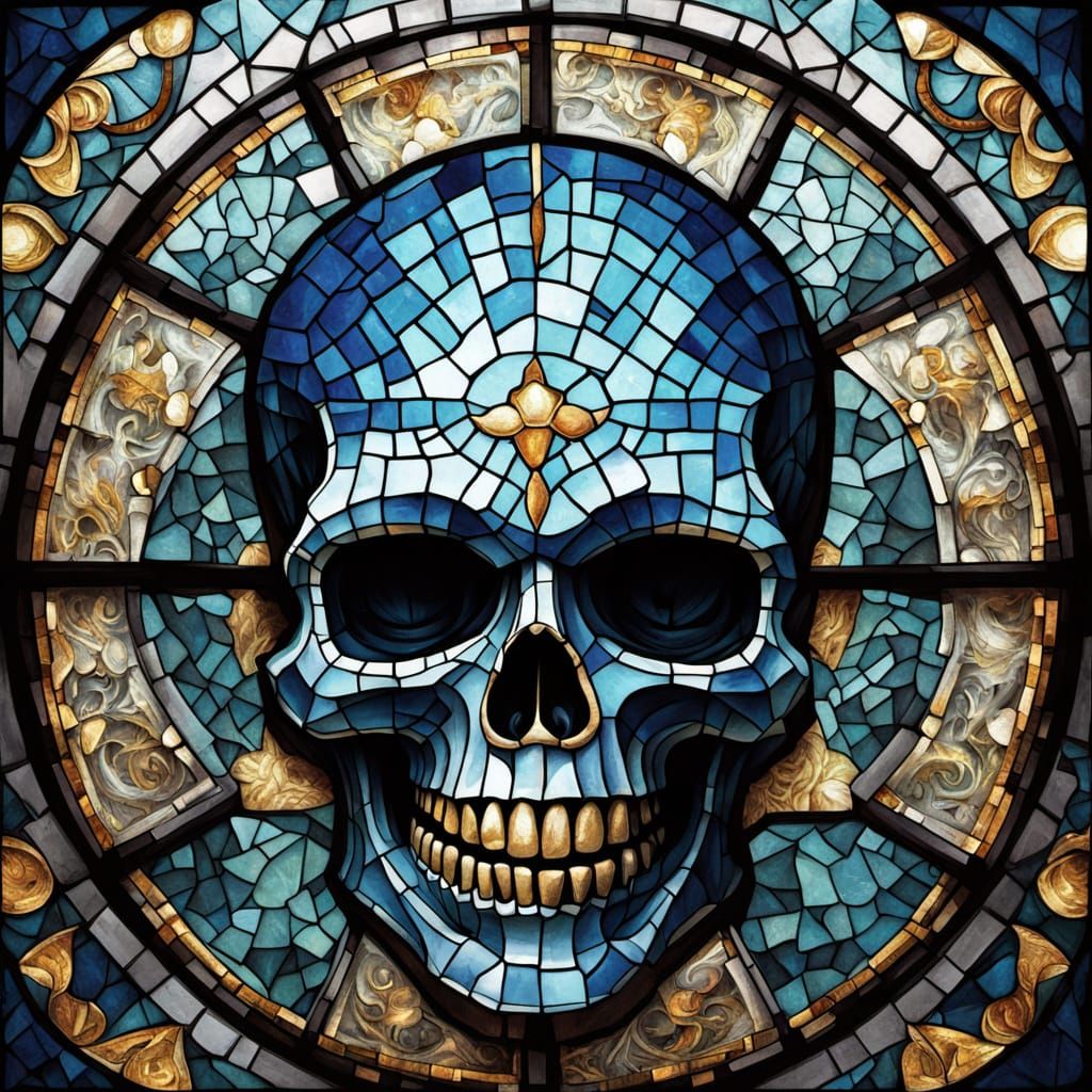 Ancient Byzantine Mosaic Skull with Iridescent Glass and Gol...