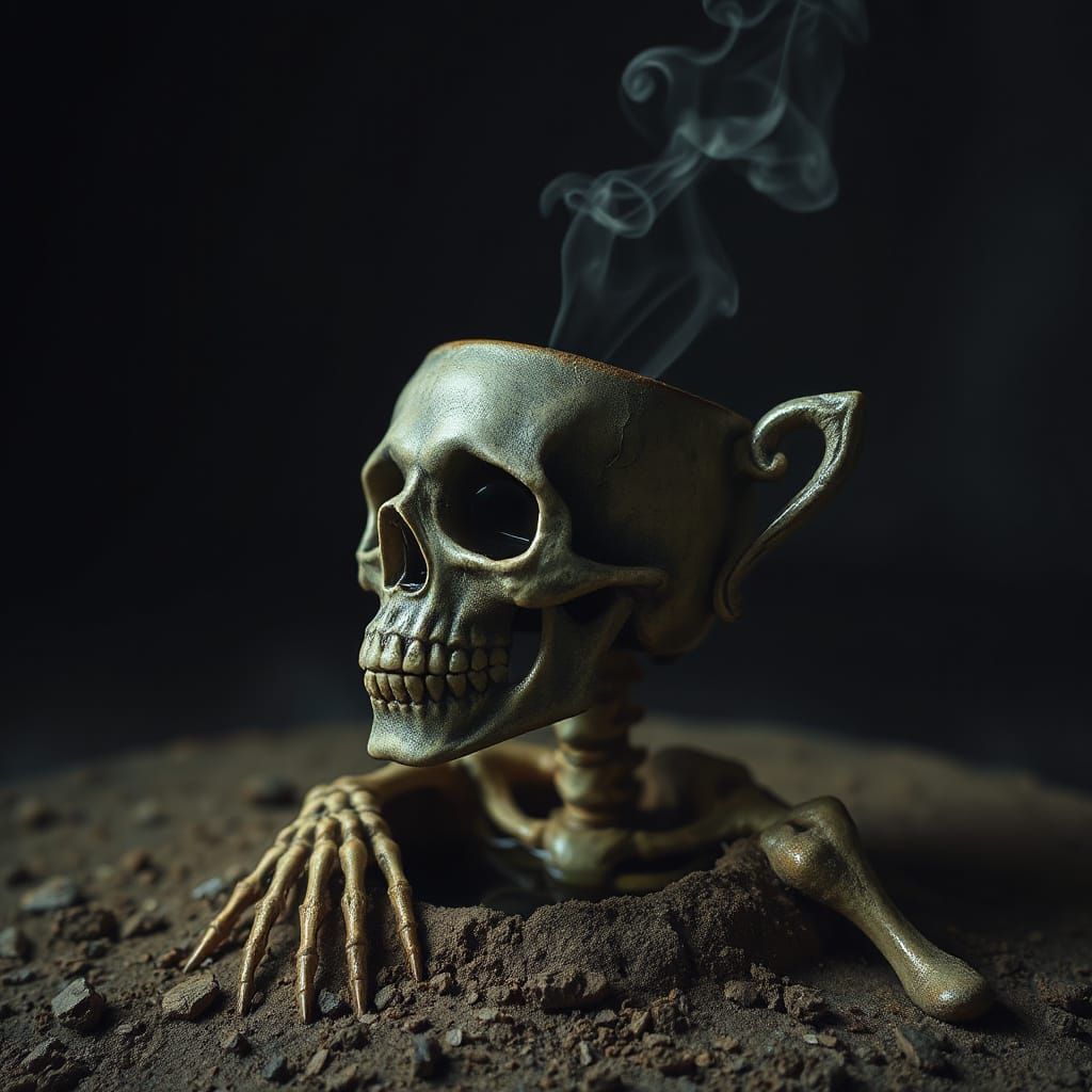 Skeleton with Coffee Cup Head Erupts from Ground in Surreal ...