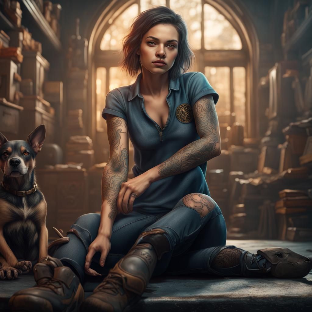 Girl Getting Dog Tattoo: Detailed Matte Painting