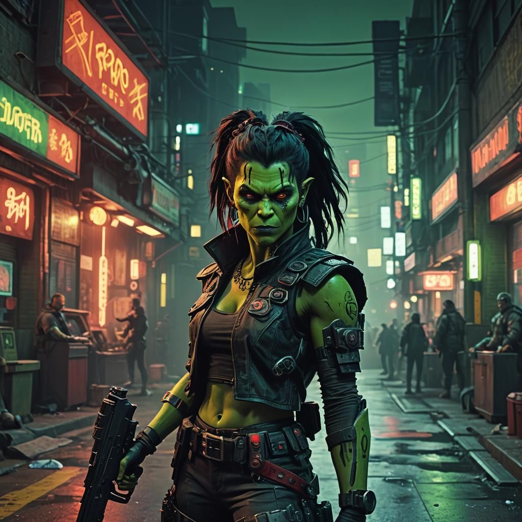 Cyberpunk Orc with Shotgun in Neon Cityscape