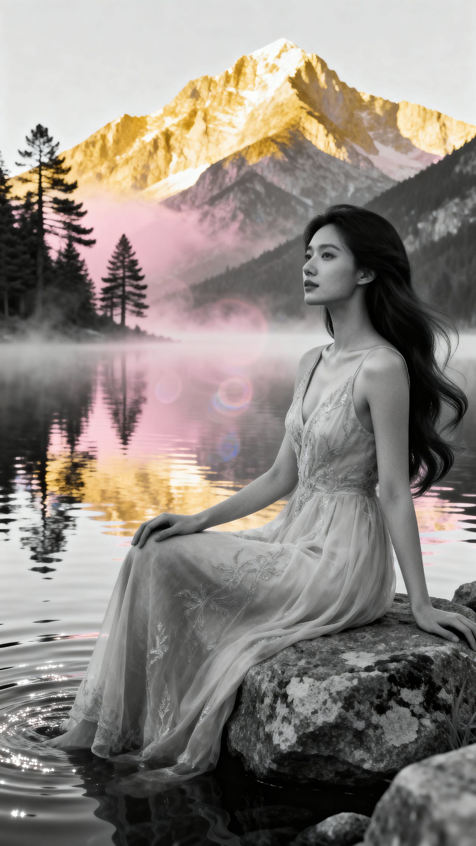 Serene Woman by Lake at Golden Hour