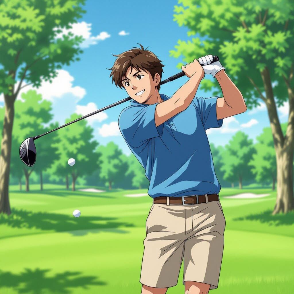 Anime Style Golf Game with Older Man Mid-Swing