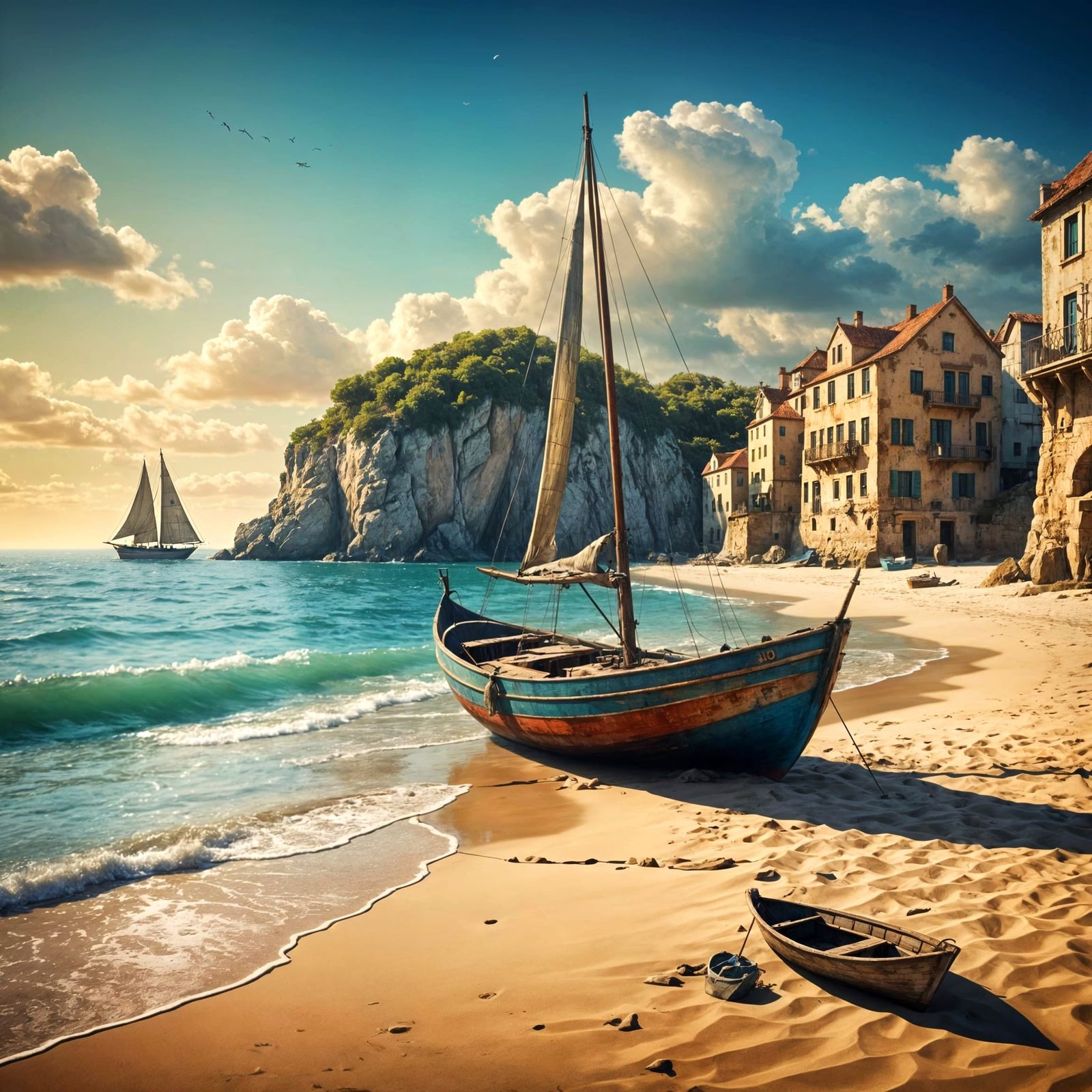 Sailboat on Sandy Beach in Modern Ink Painting Style