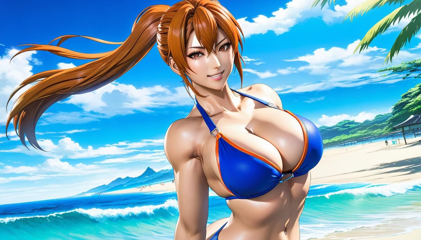 Hot smiling Asuka Kazama, from Tekken 7, using a hot blue bikini in a hot position with her back turned, at a tropical b...