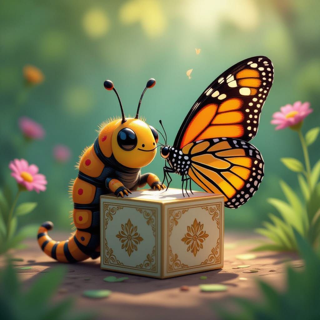 Excited Caterpillar with Butterfly Wings in Manga Style