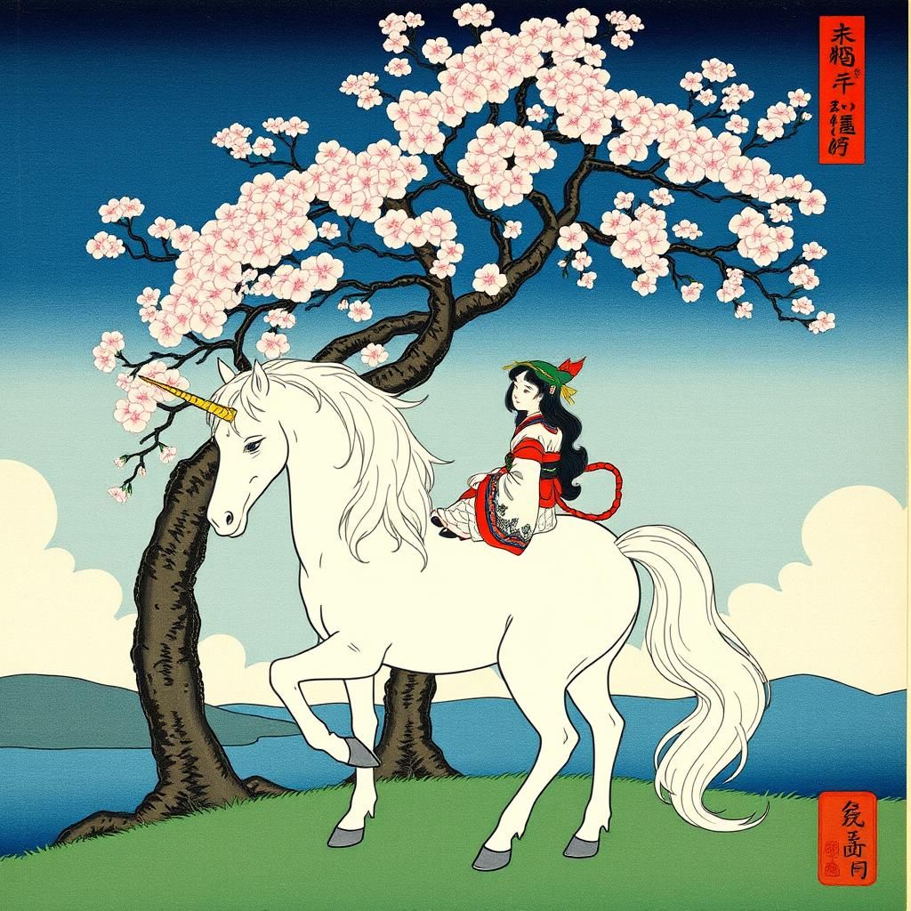Unicorn and Elf Under Cherry Tree: Ukiyo-e Style