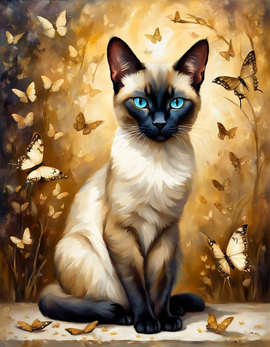 Elegant Siamese Cat Sitting Amidst Golden Butterflies in Oil...