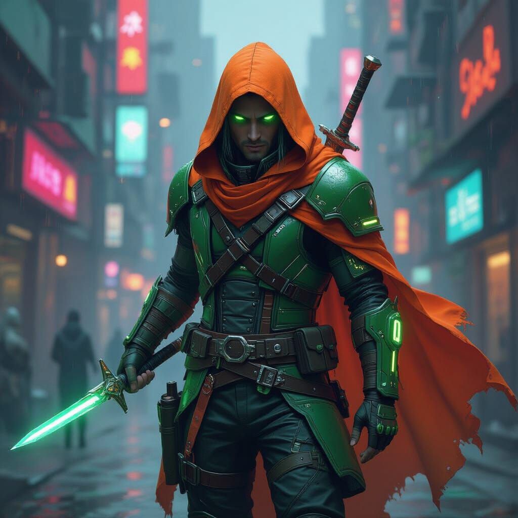 Cyberpunk Elf Rogue in Neon Cityscape