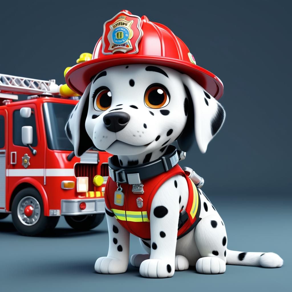 Kawaii Dalmatian Firefighter on Firetruck, 3D Digital Art
