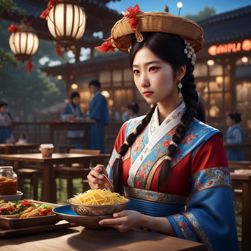 Korean Girl in Traditional Outfit at Restaurant