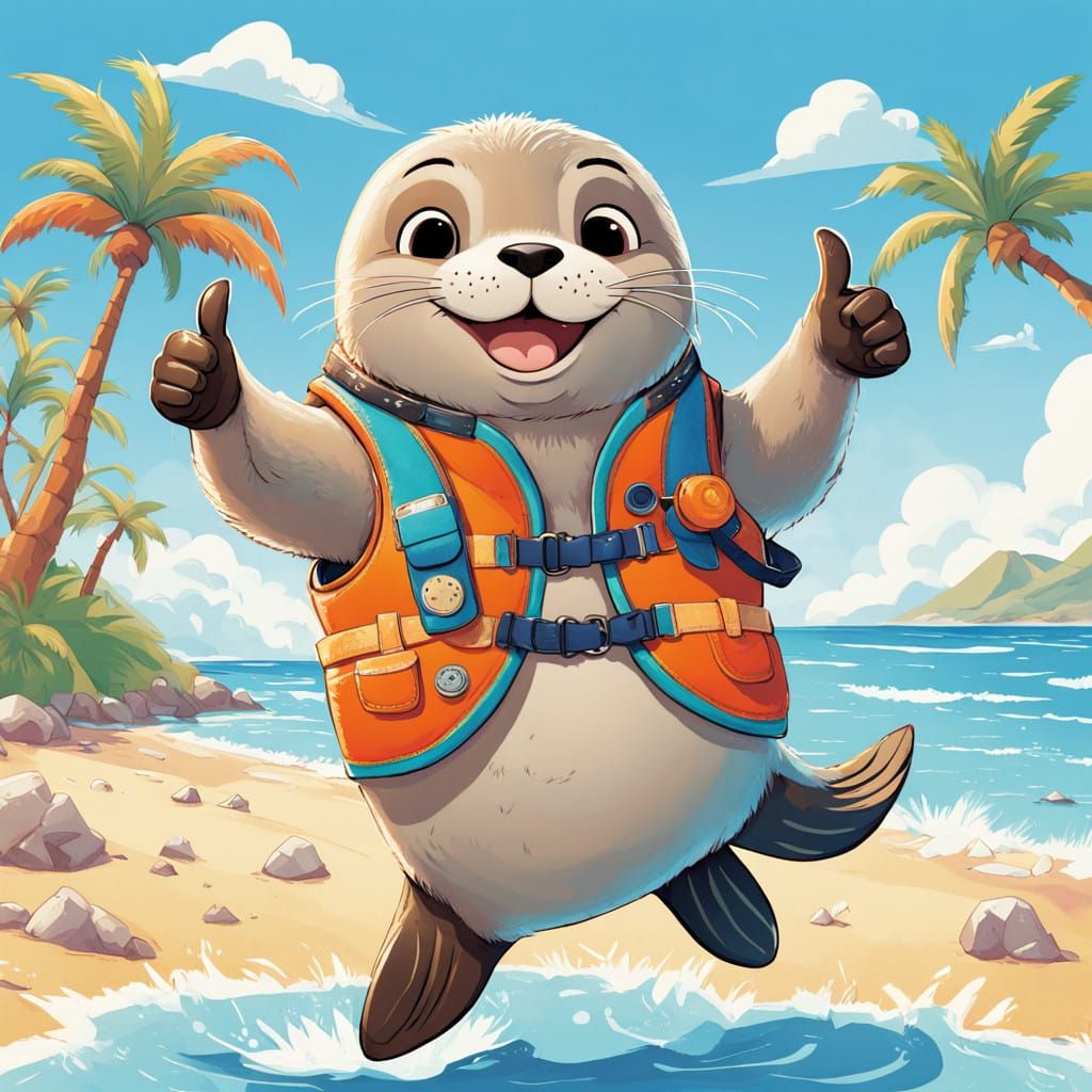 Cheerful Cartoon Seal Gives Thumbs Up on Sunny Beach