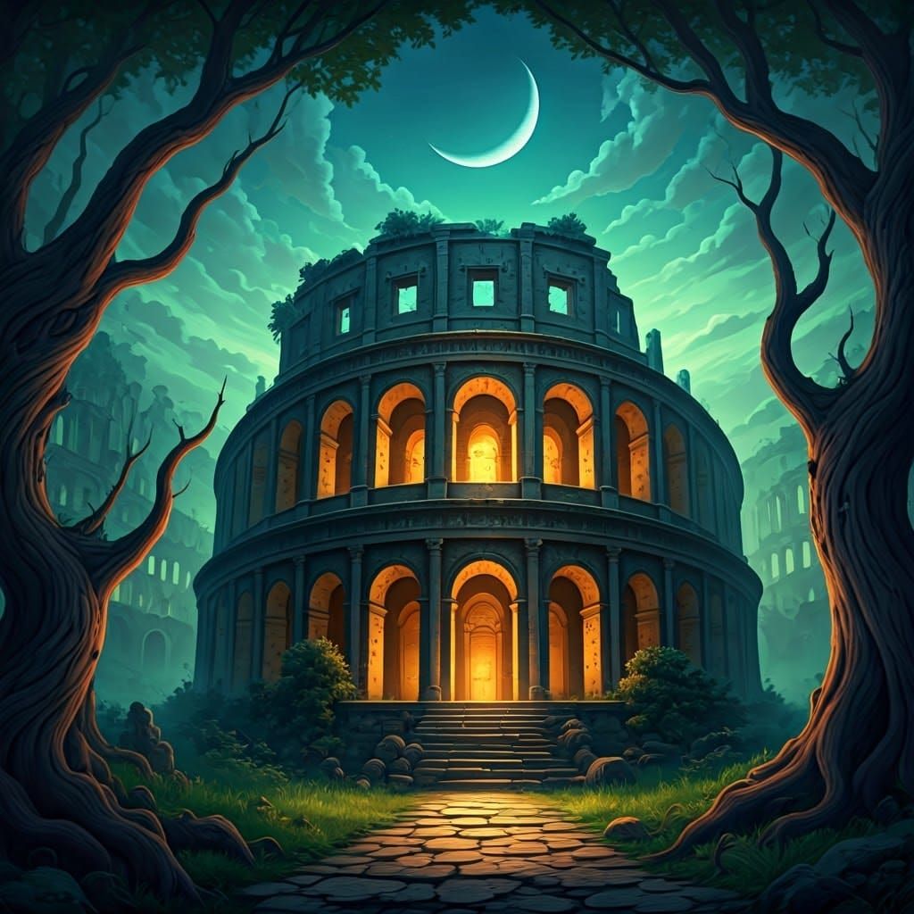 Colosseum Ruins Under Crescent Moon in Cinematic Style