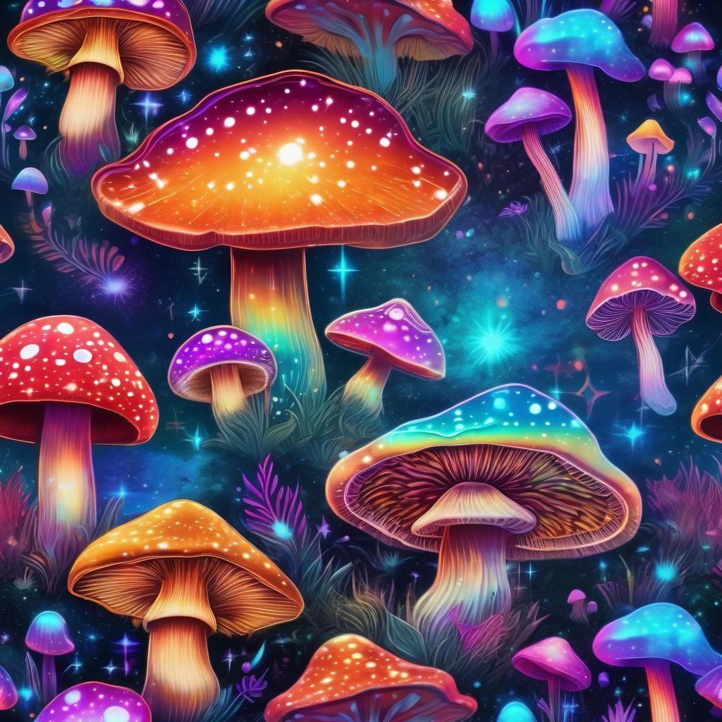 Colorful Mushrooms in Astral Cosmic Illustration