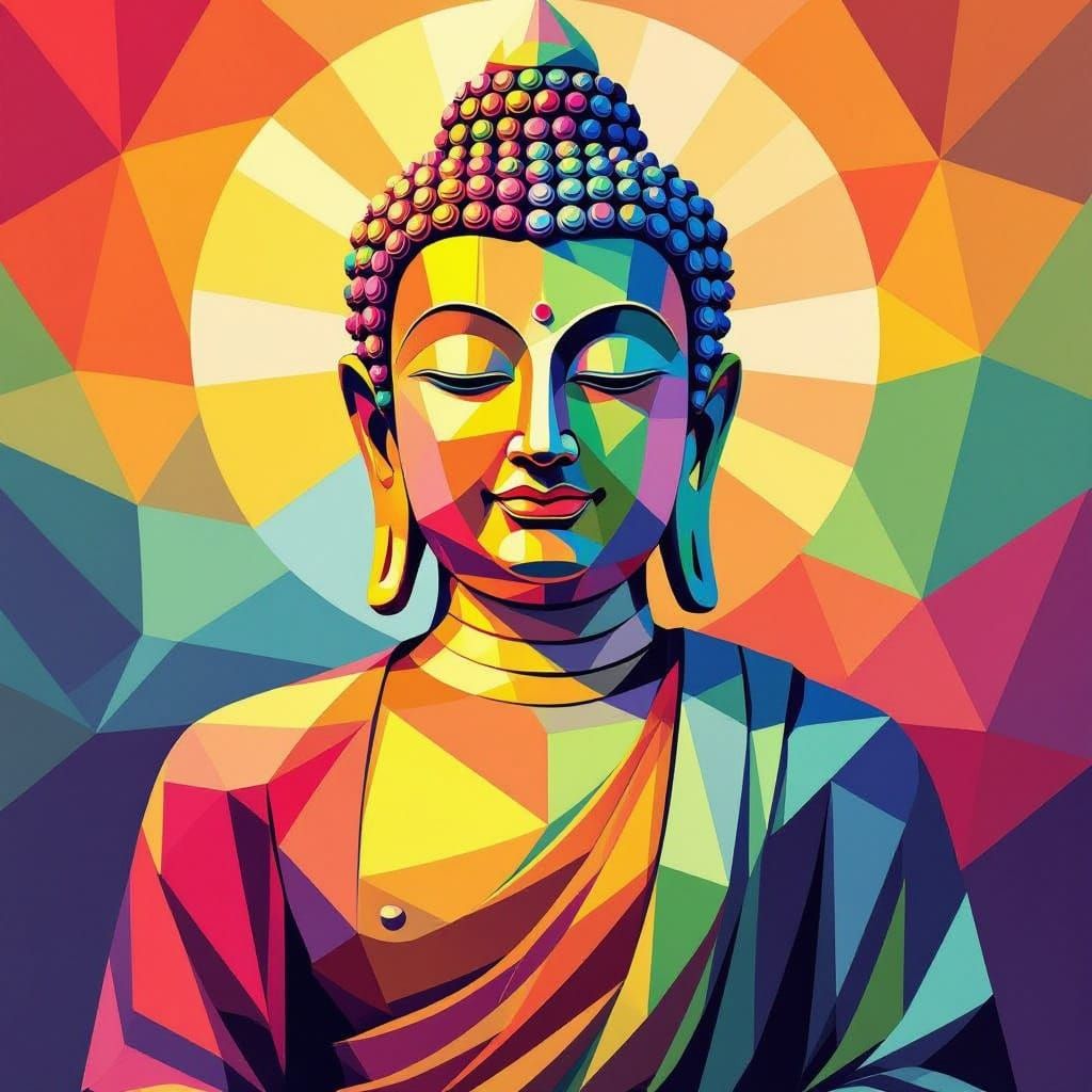 Vibrant WPAP Buddha Mosaic in Rainbow Colors