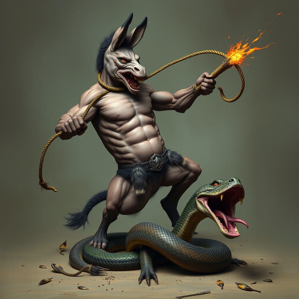 Grotesque Donkey Unleashes Feral Fury on a Thrashing Serpent