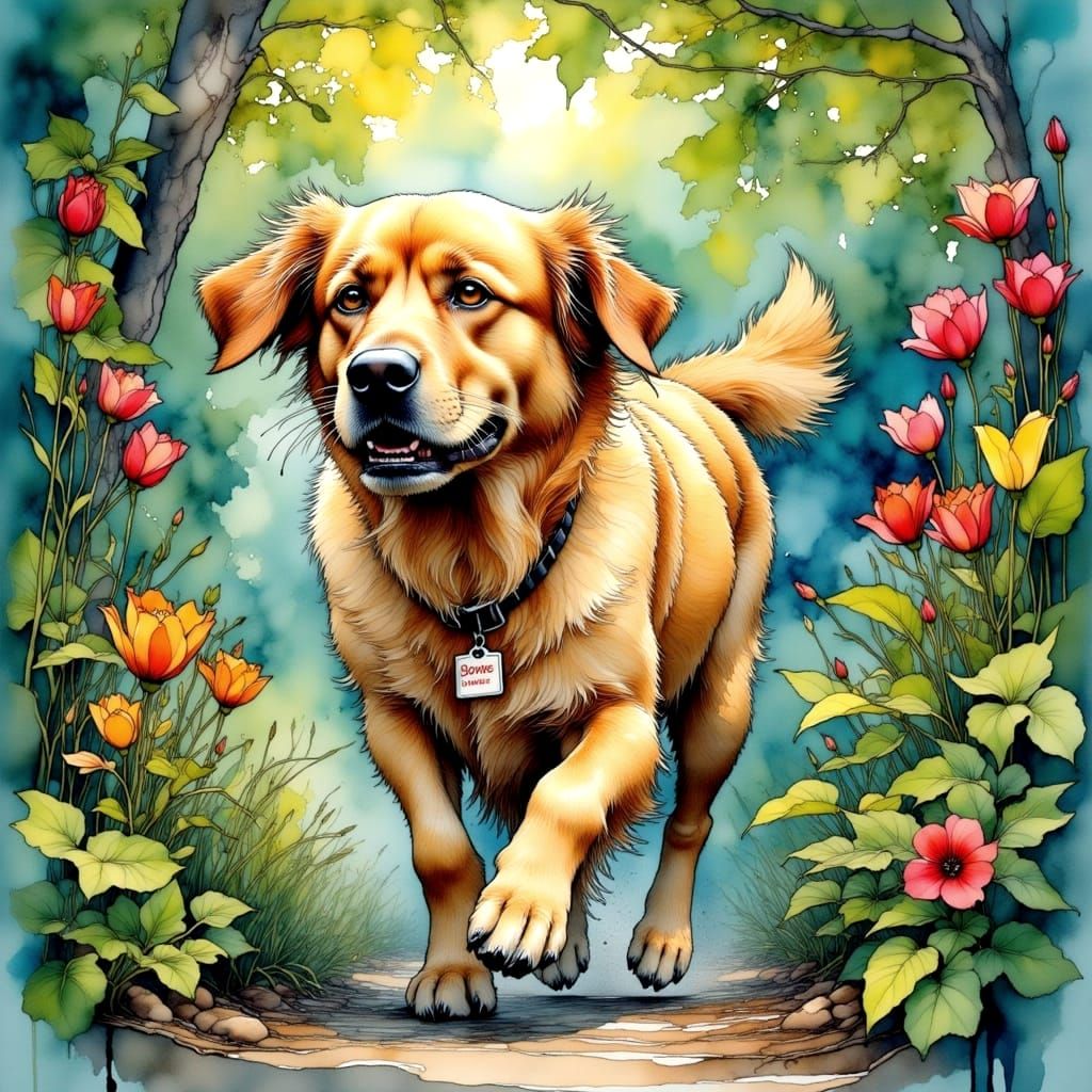 Golden Retriever in Garden: Organic Line Art