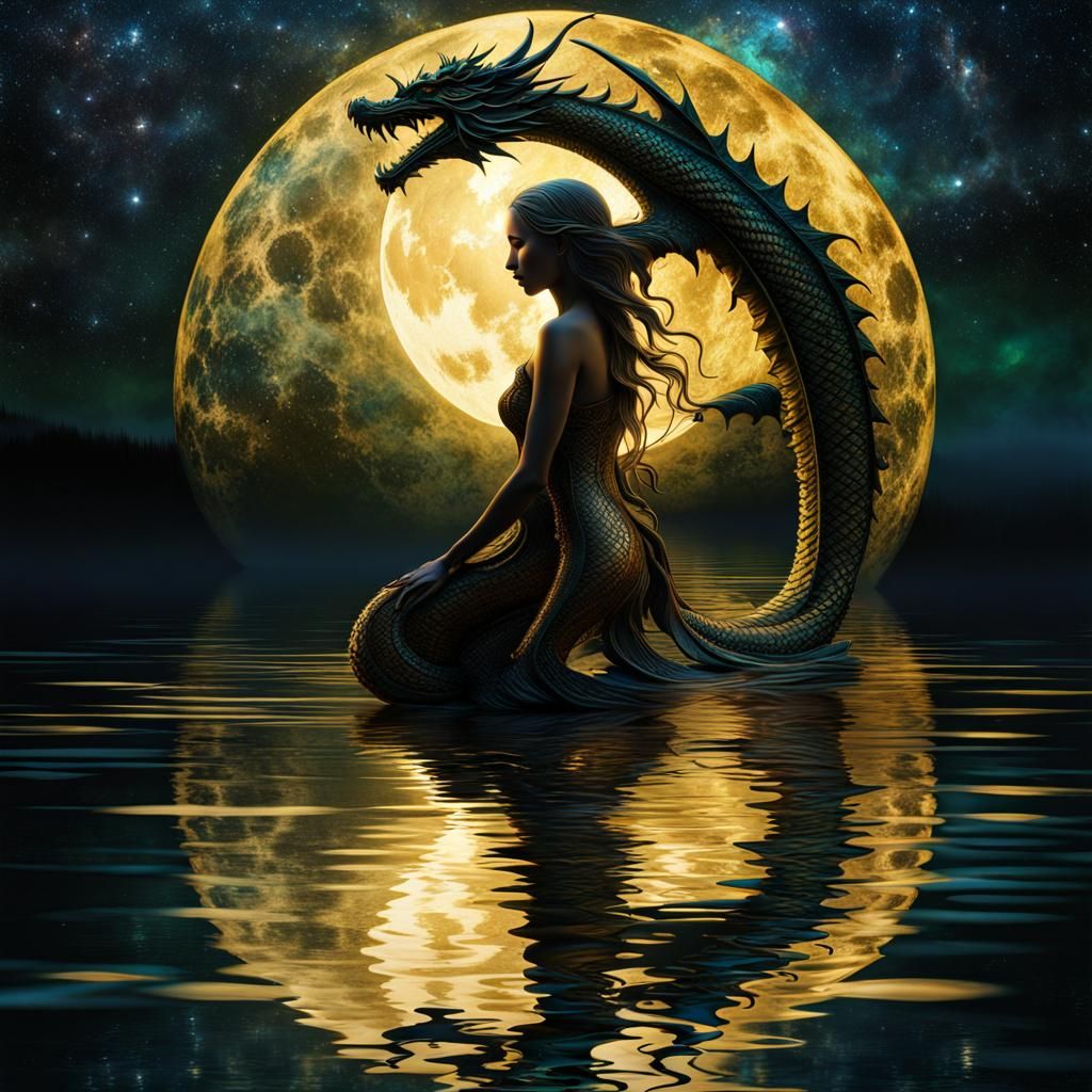 Ethereal Woman and Dragon in Moonlit Lake