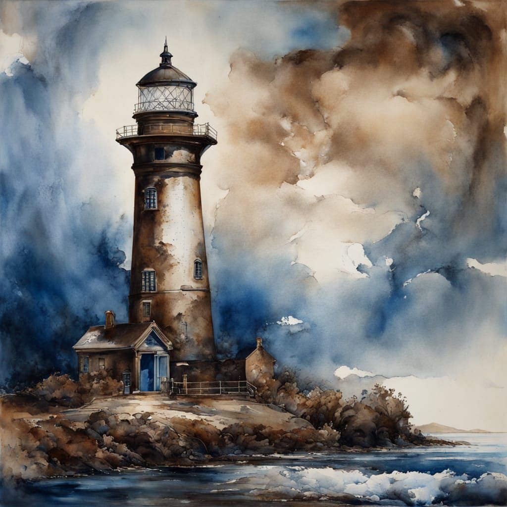 Ethereal Lighthouse in Muted Blues and Earthy Browns