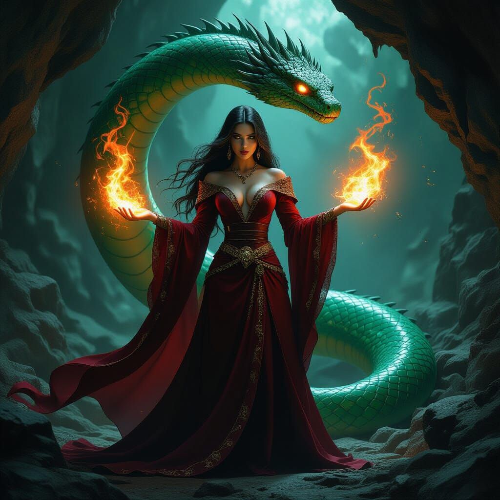 Sorceress and Emerald Serpent in Rocky Cavern