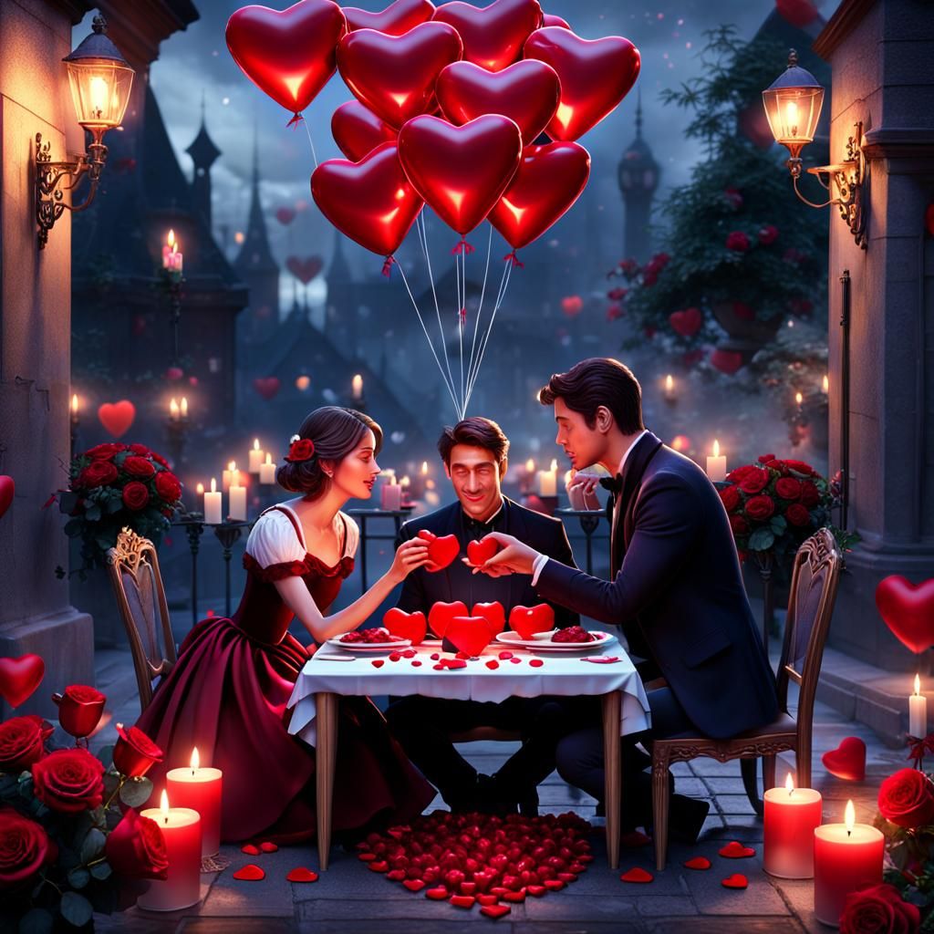 Romantic Candlelit Dinner with Roses, Digital Painting