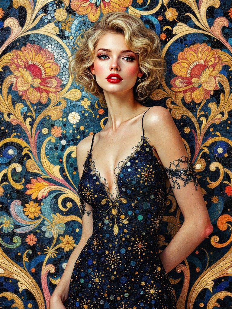 Pin-Up Woman Amidst Klimt & Signac Inspired Art Nouveau