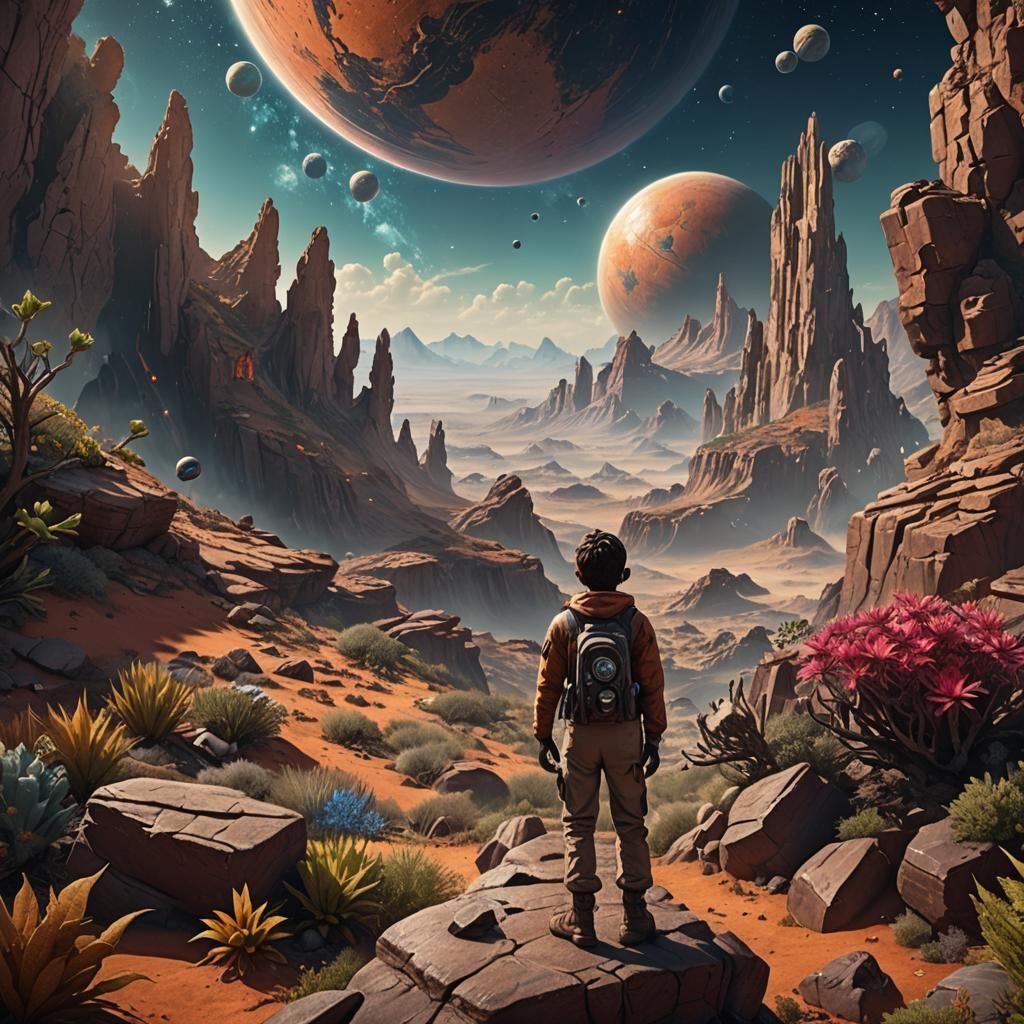 Rocky Planet. Boy looking into the distance through binocula...