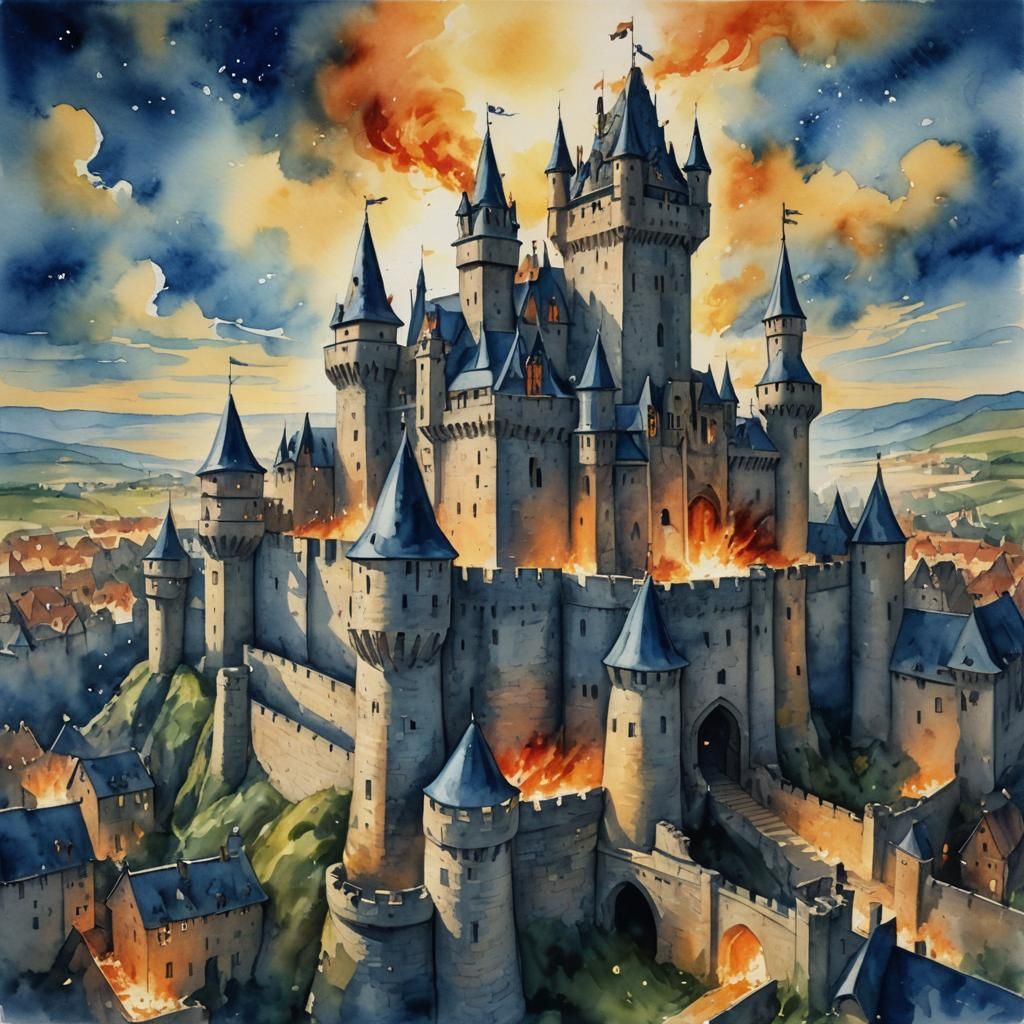 Burning Castle: Medieval Watercolor Painting