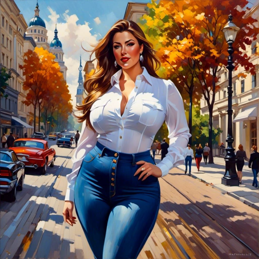 Curvy Businesswoman in Frankfurt, Cinematic Oil Painting