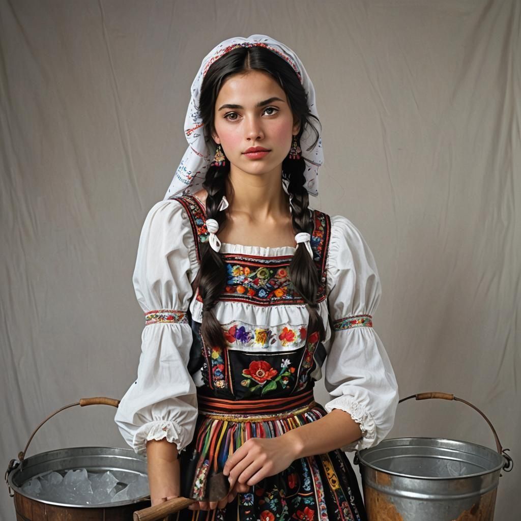 Eastern European Beauty Carries Water, Surreal Oil Painting