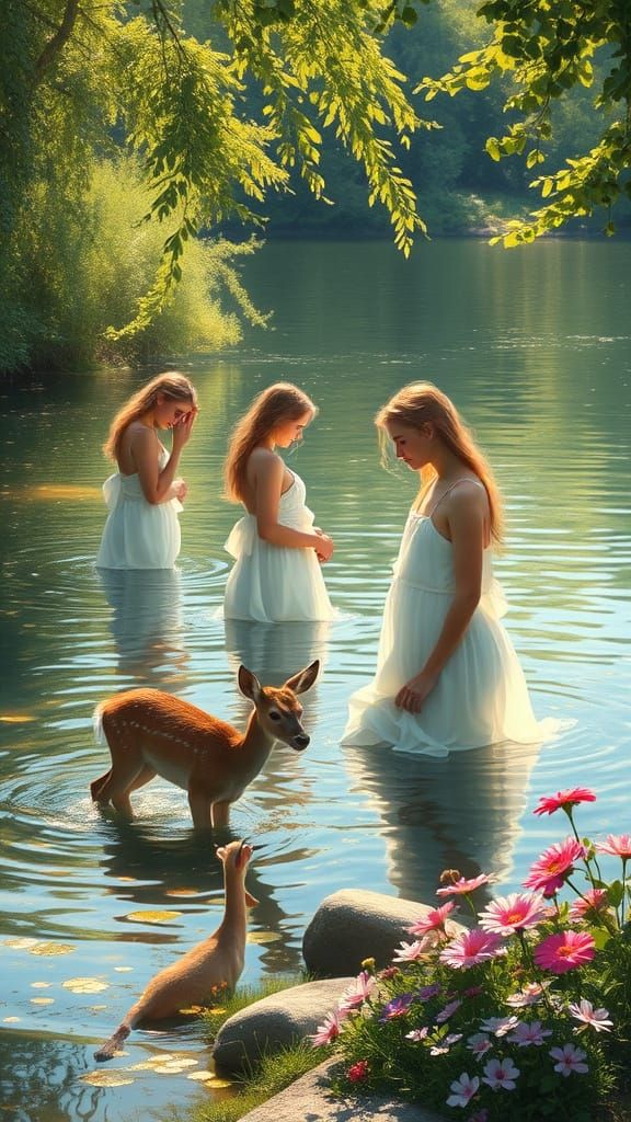 Nymphs Bathing by a Lake, Impressionist Style